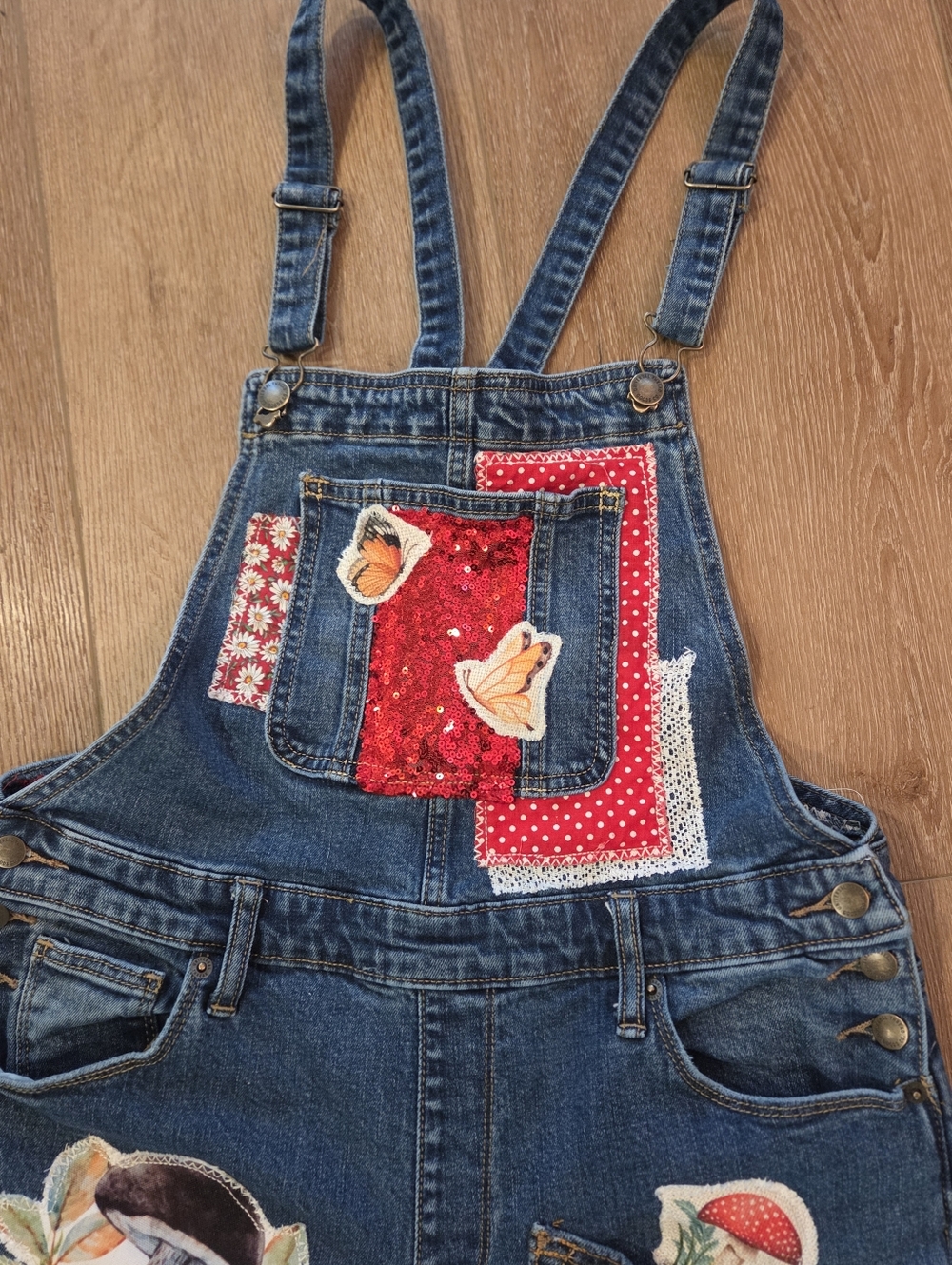 Patchwork Blue Denim Overalls Mushroom Motif Patchwork & A Bit Of Sequin 8/29 - Picture 6 of 14